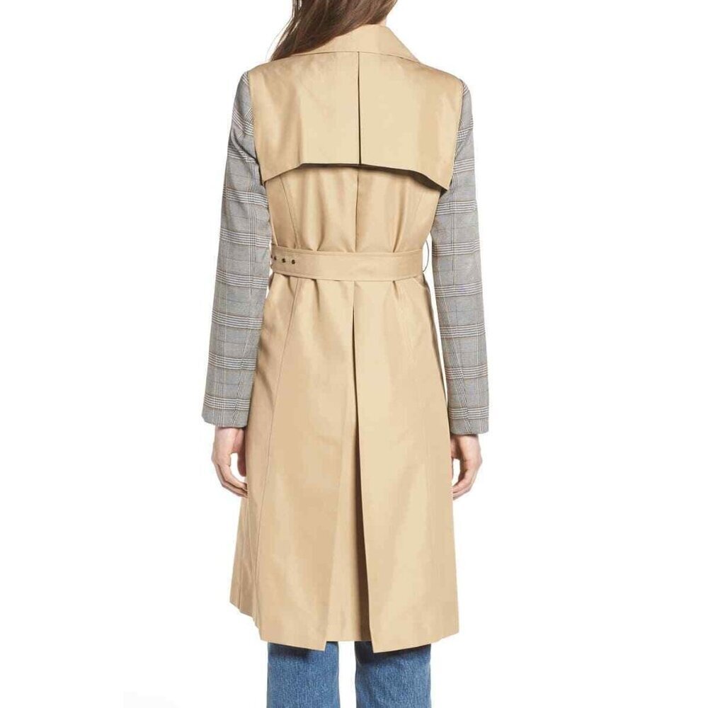 Mural Trench Coat Plaid Sleeve Double Breasted Coat Jacket SZ S New - Picture 2 of 4